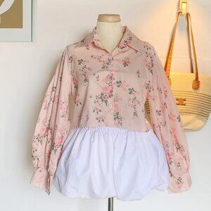 Pink Floral Puff Sleeve Button Down Blouse 🌸
